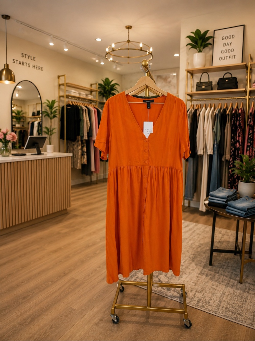 Forever 21 Orange V‑Neck Button-Front Midi Dress